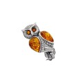 Owl brooch in rhodium silver and cognac amber
