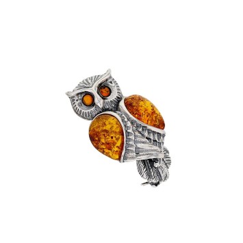 Owl brooch in rhodium silver and cognac amber 312009 Nature d'Ambre 172,00 €