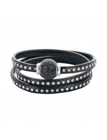 Triple wrap bracelet in black cowhide leather adorned with synthetic stones and clasp with jeweled pearl 314192N57 Baci Belli...