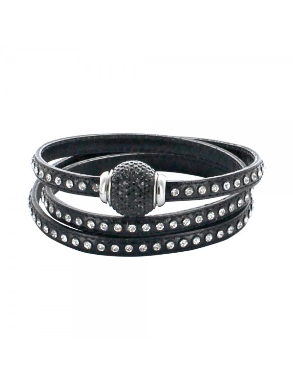 Bracelet triple tour cuir de veau noir orné pierres synthétiques et fermoir avec perle empierrée
