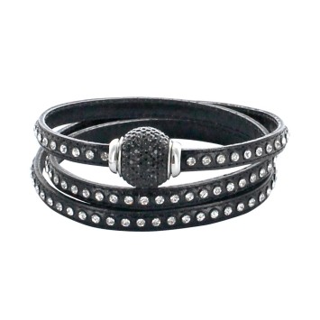 Bracelet triple tour cuir de veau noir orné pierres synthétiques et fermoir avec perle empierrée 314192N57 Baci Belli 79,90 €