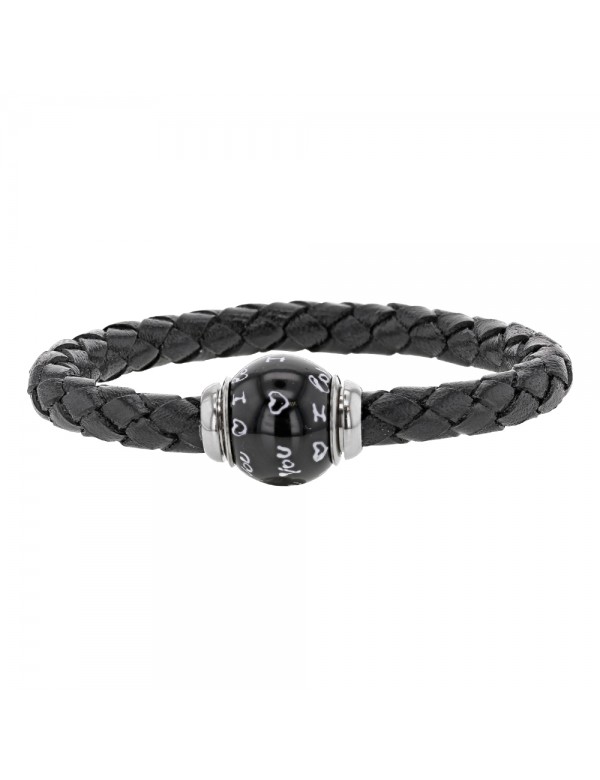Bracelet cuir de veau aniline noir tressé, perle en acier émaillé noir - 18 cm