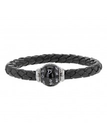 Bracelet cuir de veau aniline noir tressé, perle en acier émaillé noir - 18 cm