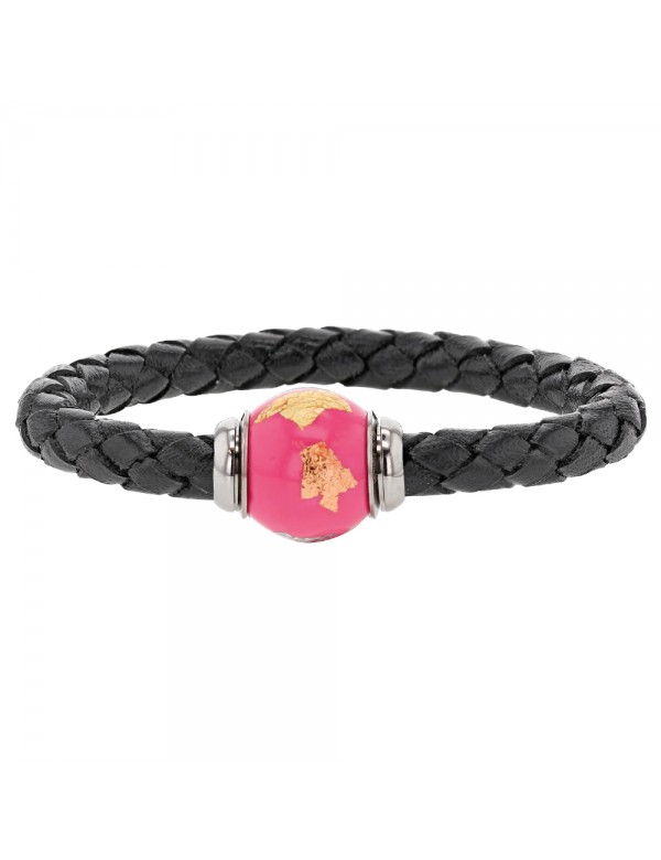 Bracelet cuir de veau aniline noir tressé, perle en acier émaillé rose - 18 cm