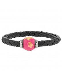 Braided black aniline bovine leather bracelet, magnetic steel clasp and pink enamelled steel bead - 18 cm