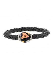 Braided black aniline bovine leather bracelet, magnetic steel clasp and tricolor enamelled steel bead - 18 cm