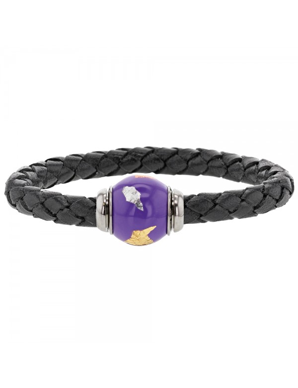 Bracelet cuir de veau aniline noir tressé, perle en acier émaillé violet - 18 cm