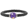 Braided black aniline bovine leather bracelet, purple enamelled steel bead - 18 cm