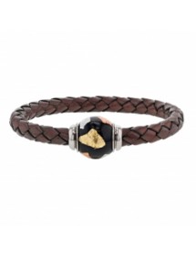 Bracelet cuir de veau aniline marron tressé, perle en acier émaillé tricolore - 18 cm
