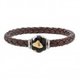 Braided brown aniline bovine leather bracelet, tricolor enamelled steel bead - 18 cm