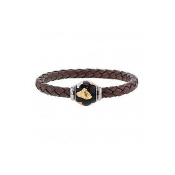 Braided brown aniline bovine leather bracelet, tricolor enamelled s...