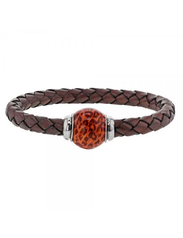 Braided brown aniline bovine leather bracelet, two-tone enamelled steel bead - 18 cm