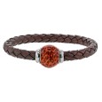 Braided brown aniline bovine leather bracelet, two-tone enamelled steel bead - 18 cm