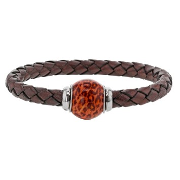 Braided brown aniline bovine leather bracelet, two-tone enamelled s...