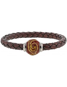 Braided brown aniline bovine leather bracelet, brown enamelled steel bead - 18 cm