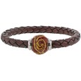 Braided brown aniline bovine leather bracelet, brown enamelled steel bead - 18 cm