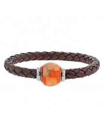 Bracelet cuir de veau aniline marron tressé, perle en acier émaillé orange - 18 cm
