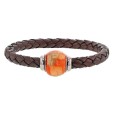 Braided brown aniline bovine leather bracelet, orange enamelled steel bead - 18 cm