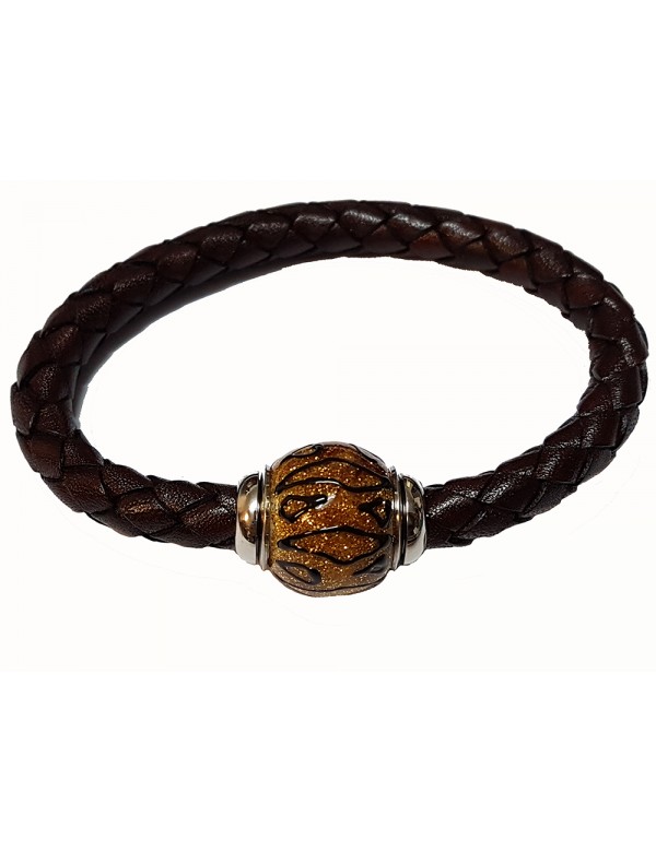 Bracelet cuir de veau aniline marron tressé, perle en acier émaillé pailleté Jaune - 18 cm