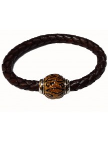 Bracelet cuir de veau aniline marron tressé, perle en acier émaillé pailleté Jaune - 18 cm 314191M18 Baci Belli 69,90 €