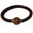 Bracelet cuir de veau aniline marron tressé, perle en acier émaillé pailleté Jaune - 18 cm