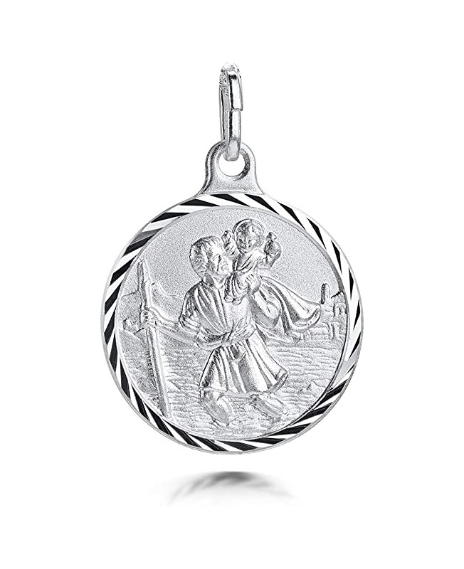 Médaille ronde en argent rhodié de Saint-Christophe avec contour ciselé