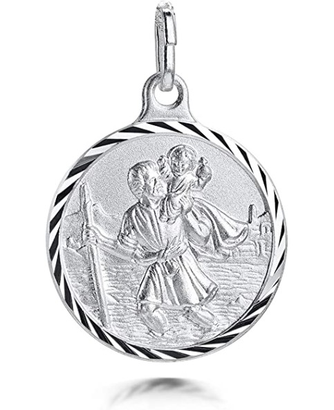 Médaille ronde en argent rhodié de Saint-Christophe avec contour ci...