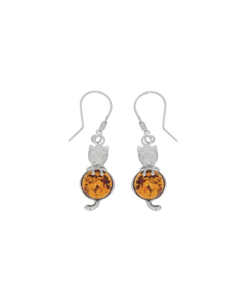 Round amber earrings in the shape of a cat in rhodium silver