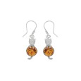 Round amber earrings in the shape of a cat in rhodium silver
