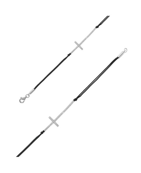 Bransoletka z czarnego bawełnianego sznurka z rodowanym srebrnym krzyżykiem i tlenkami cyrkonu - Regulowana od 17 do 20 cm