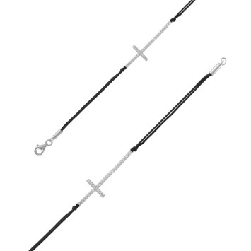 Pulsera de cordón de algodón negro con cruz de plata rodiada y óxidos de circonio - Ajustable de 17 a 20 cm 31812122 Laval 18...