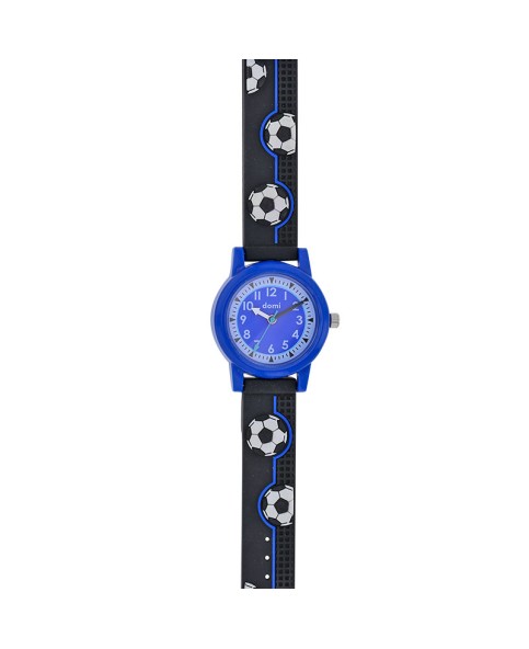 Montre enfant "Football" boîtier et bracelet plastique noir/bleu, mvt PC21
