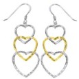 Three hearts dangling earrings in rhodium silver and gold plated