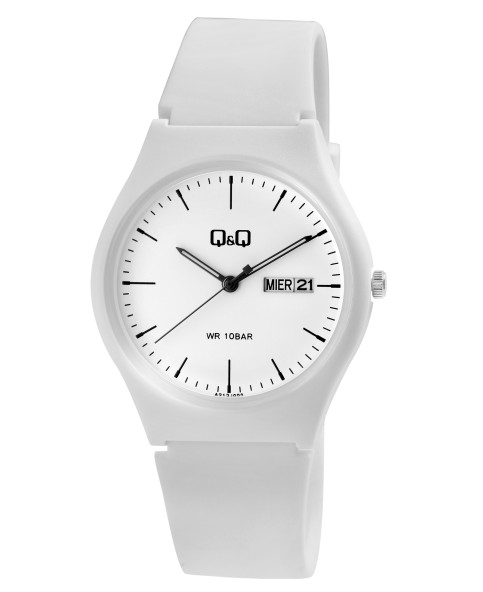 Reloj Q&Q unisex con correa de plástico blanco, resistente al agua hasta 10 bar