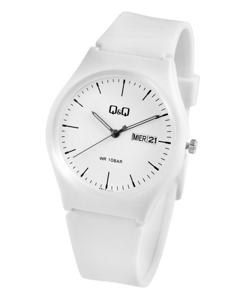 Zegarek Q&Q unisex z białym plastikowym paskiem, wodoodporny do 10 barów
