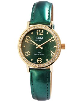 Q&Q women's watch with gold case and rhinestones, green imitation l...