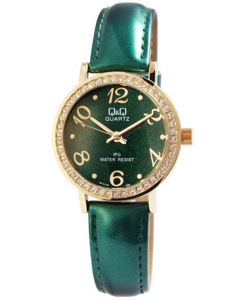 Damski zegarek Q&Q ze złotą kopertą i kryształkami, zielony pasek z imitacji skóry, wodoodporny do 3 barów