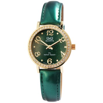 Reloj Q&Q para mujer con caja dorada y strass, correa verde de símil piel, resistente al agua hasta 3 bar QZ15J105Y Q&Q 34,00 €