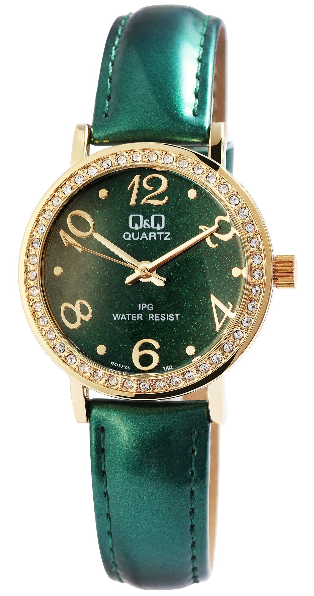 presupuesto fábrica familia real Reloj Q&Q para mujer con caja dorada y strass, correa verde de sími...