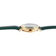 Q&Q women's watch with gold case and rhinestones, green imitation leather strap, water resistant to 3 bar