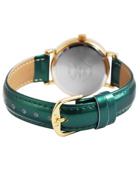 Q&Q women's watch with gold case and rhinestones, green imitation leather strap, water resistant to 3 bar