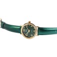 Damski zegarek Q&Q ze złotą kopertą i kryształkami, zielony pasek z imitacji skóry, wodoodporny do 3 barów