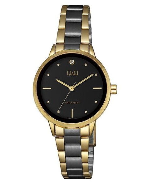 Damski zegarek Q&Q marki Citizen z dwukolorowym paskiem ze stali nierdzewnej, 3 paski, czarna tarcza