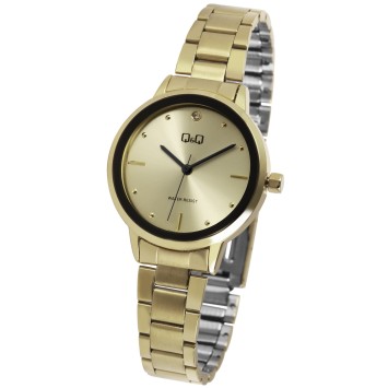 Reloj Q&Q para mujer de Citizen, brazalete y esfera de acero inoxidable en tono dorado, contorno y manecillas negros QB97J010...
