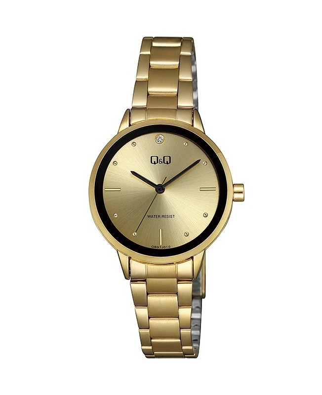 Orologio da donna Q&Q di Citizen, bracciale e quadrante in acciaio inossidabile color oro, contorno e lancette neri