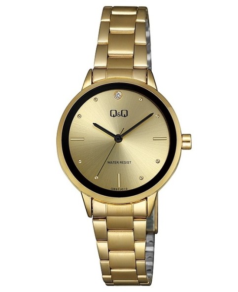 Damski zegarek Q&Q marki Citizen, bransoleta i tarcza ze stali szlachetnej w kolorze złotym, czarne kontury i wskazówki