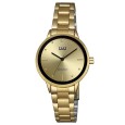 Q&Q women's watch by Citizen, gold-tone stainless steel bracelet and dial, black outline and hands