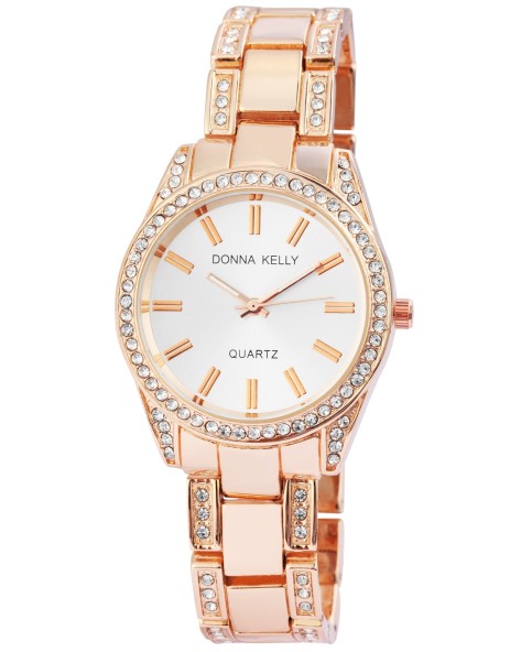 Damski zegarek z metalową bransoletą Donna Kelly w kolorze różowego złota i kryształkami