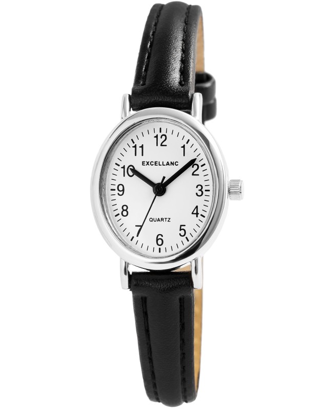Reloj Excellanc para mujer, esfera blanca y correa de piel sintética negra.