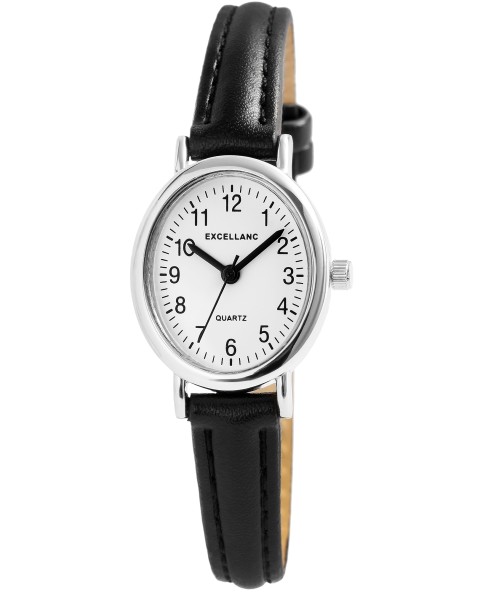 Reloj Excellanc para mujer, esfera blanca y correa de piel sintética negra.